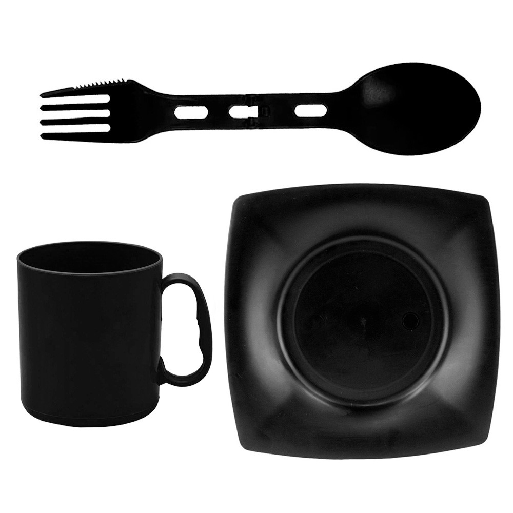 Kit Prato Preto Quadrado 22x22cm + Talher Dobravel + Caneca de Plastico em Oferta na Shopee