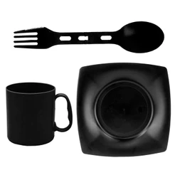 Kit Prato Preto Quadrado 22x22cm + Talher Dobravel + Caneca de Plastico