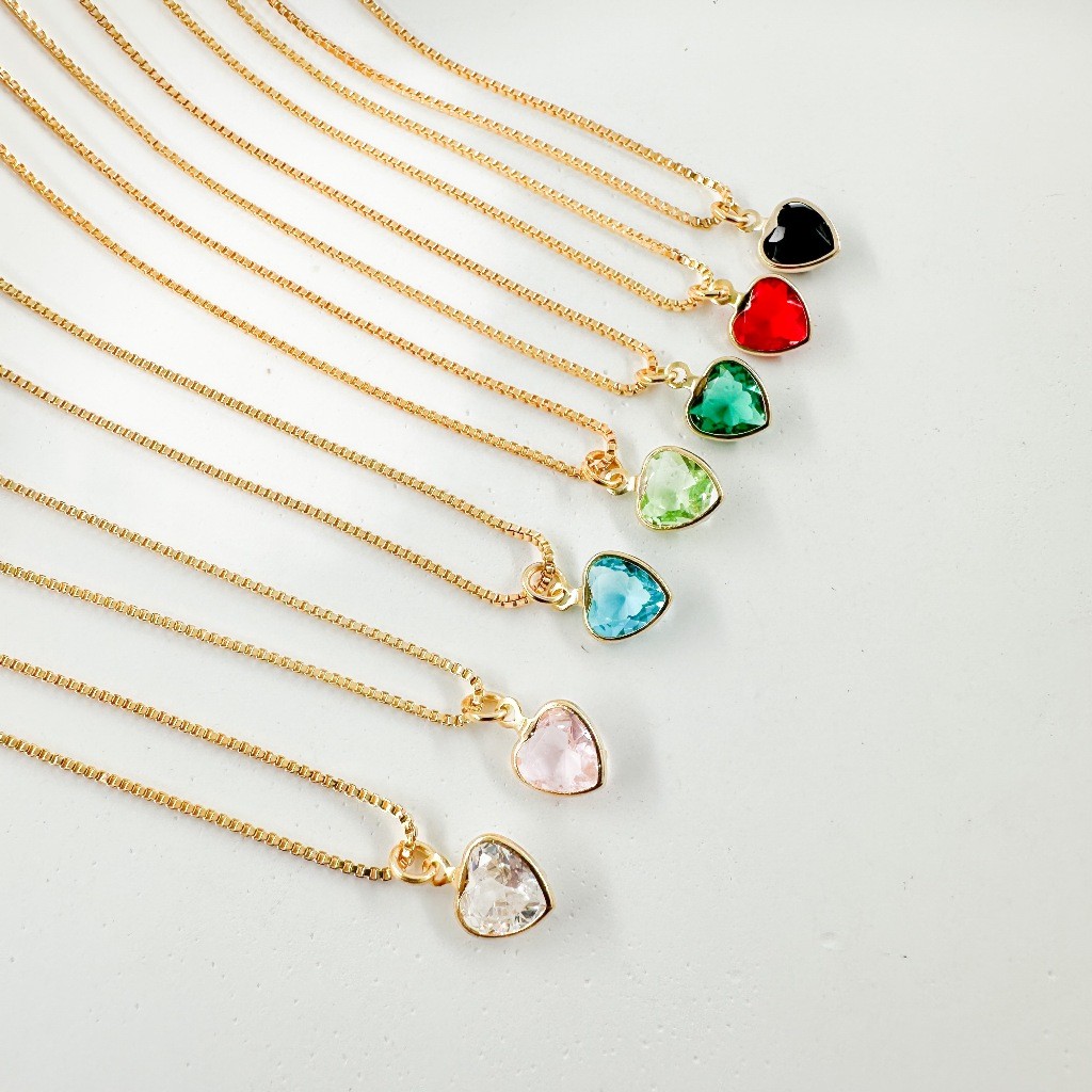 Colar Com Pedra Zirconia Colorido Coração Colar Feminina Colar Com Coração Cravejado banhado prata 925 e ouro 18k