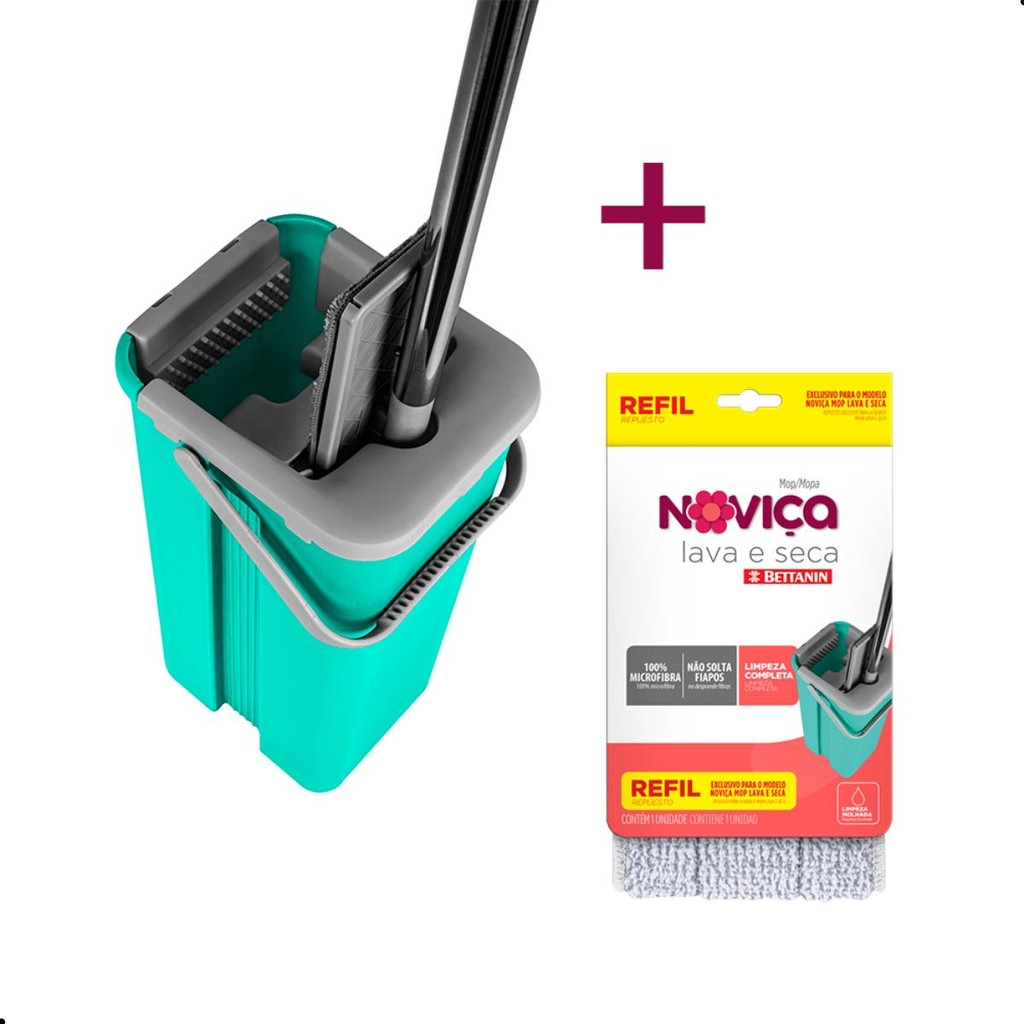 Kit Mop Lava e Seca com Cabo e Balde + Refil Extra Noviça Bettanin