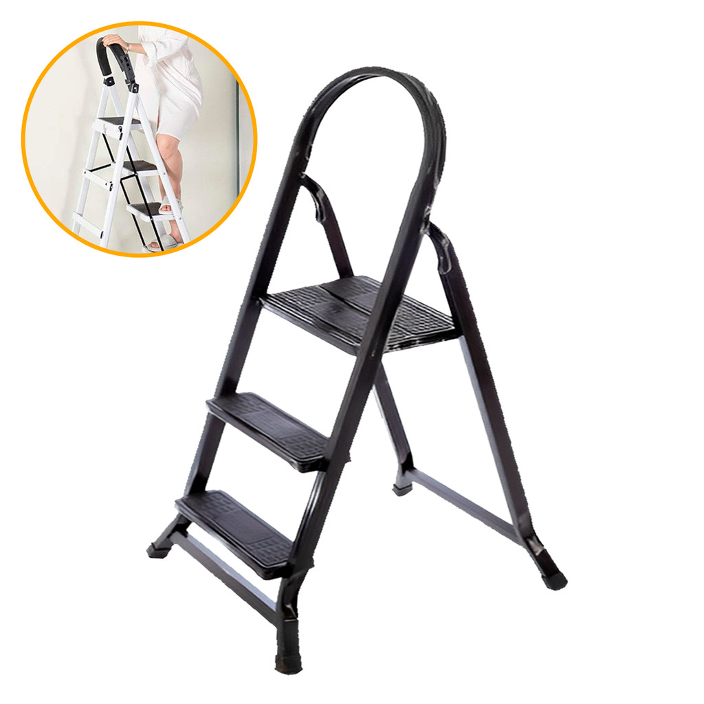 Escada Dobrável 3 Degraus em Aço Reforçado Suporta 120 kg Pé Antiderrapante Cor Preto em Oferta na Shopee