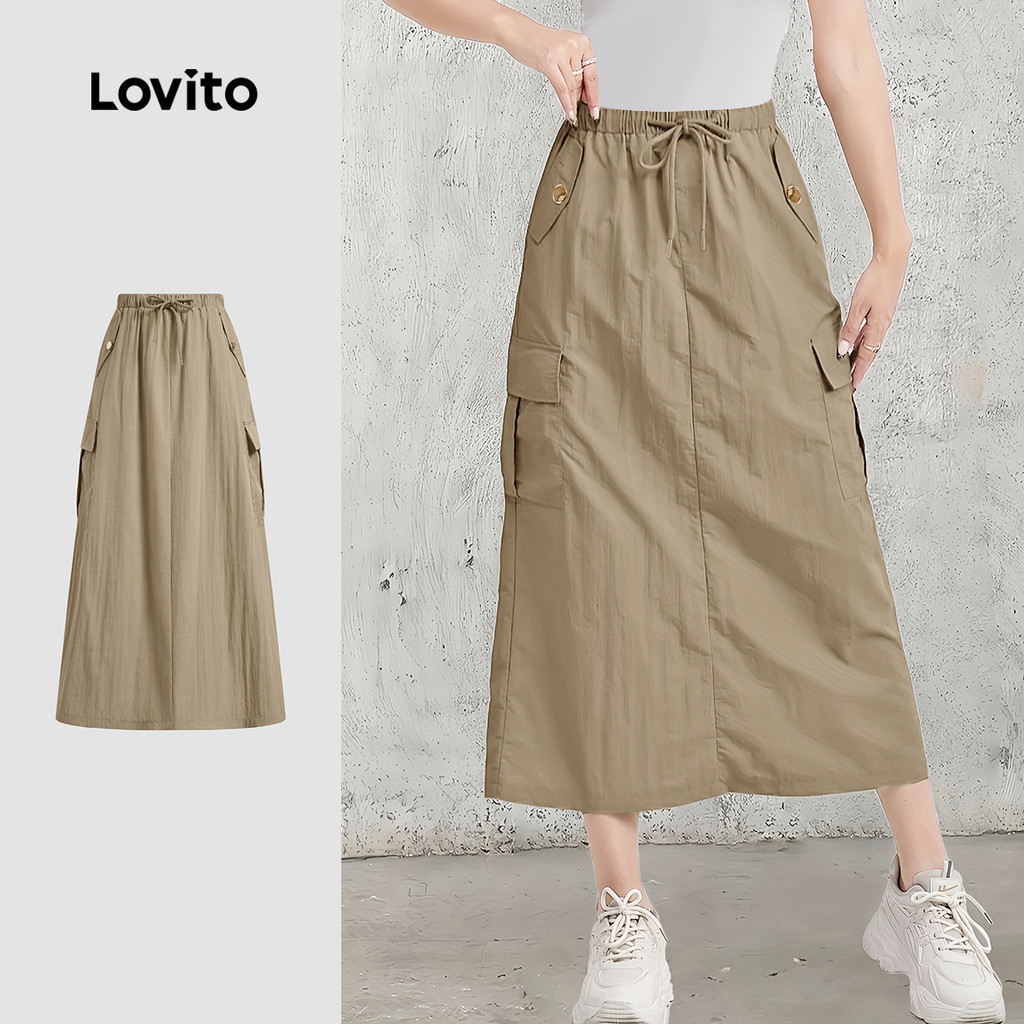 Lovito Saia Casual Lisa Com Bolso E Cordão, Saia De Verão/primavera Para Mulheres L132ED513 em Oferta na Shopee