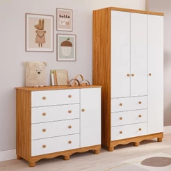Quarto de Bebê Completo Guarda Roupas 3 Portas Cômoda 1 Porta 4 Gavetas 100% MDF Junior