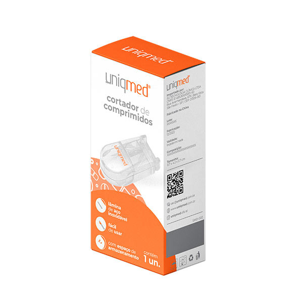 Cortador de Comprimidos com Lâmina em Inox e Porta Remédio Vitaminas c/ Reservatório Uniqmed