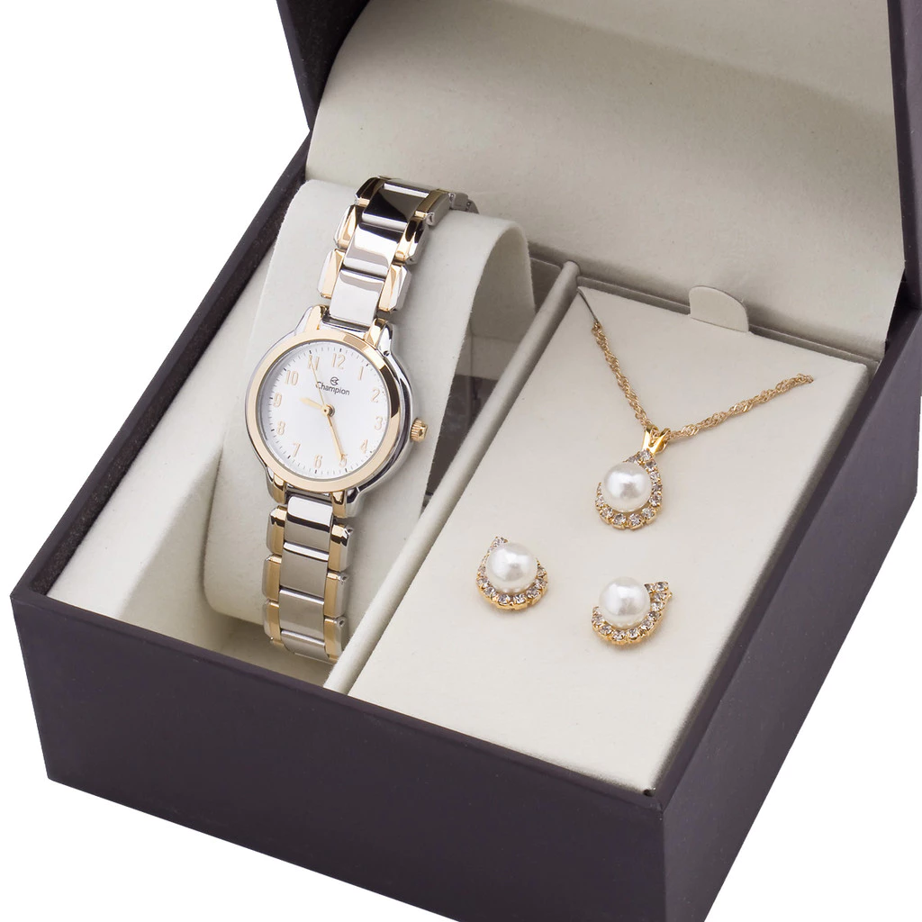 Relógio Feminino Pequeno Champion Prata e Dourado Bicolor CN24959C Kit Colar e Brincos Original
