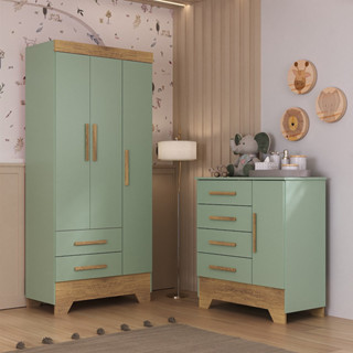 Quarto Infantil Guarda Roupa 3 Portas e Cômoda Catavento Rodial em Oferta na Shopee