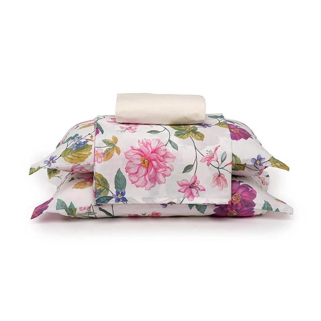 Jogo De Cama De Casal 04 Peças 100% Algodão E 150 Fios Estampa Jade Flores Delicadas Kit Cama Tamanho Casal