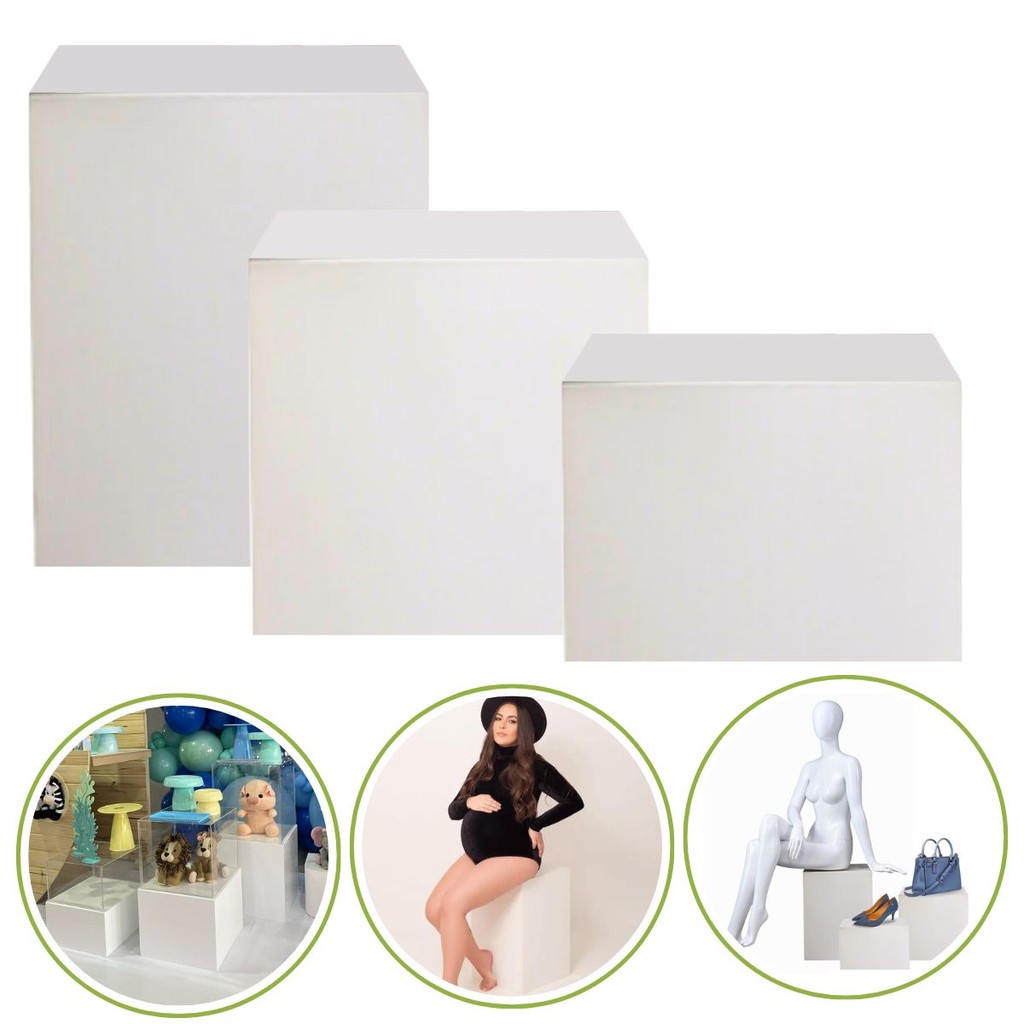 Kit 3 Cubos Tablado MDF Branco 60/45/30 Para Vitrines E Fotos