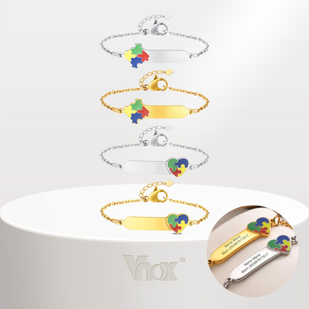 Vnox Personalizado Gravar Id Autismo Sinal Quebra-Cabeça Pulseira Infantil Nome De Aço Inoxidável Moda Jóias em Oferta na Shopee