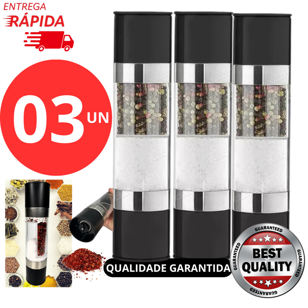 Moedor 2 em 1 Sal e Pimenta com 2 Compartimentos Ajuste de Moagem Aço Inox