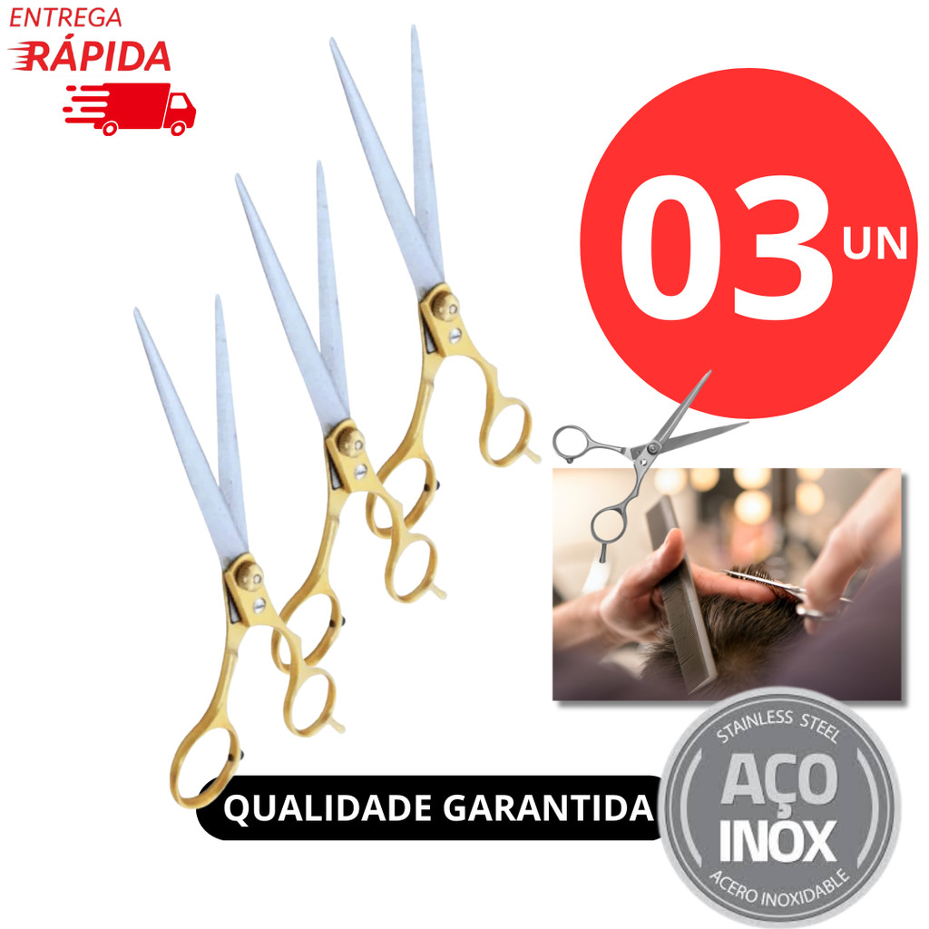 KIT 3  Tesoura Cabeleireiro Profissional 6" Aço Inoxidável Barbearia e Salão