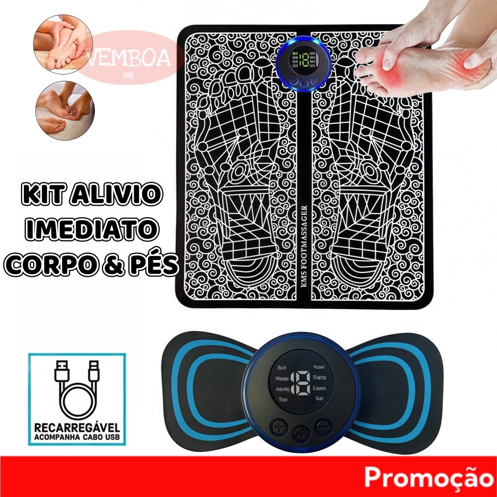 Kit Massageador + Tapete Massageador de Pés Elétrico Portátil Recarregável EMS