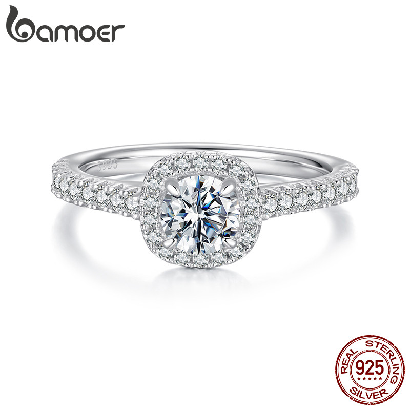 Anel De Prata Esterlina 925 Bamoer Quadrado Halo Moissanite Joias Da Moda Presentes Para Mulheres em Oferta na Shopee