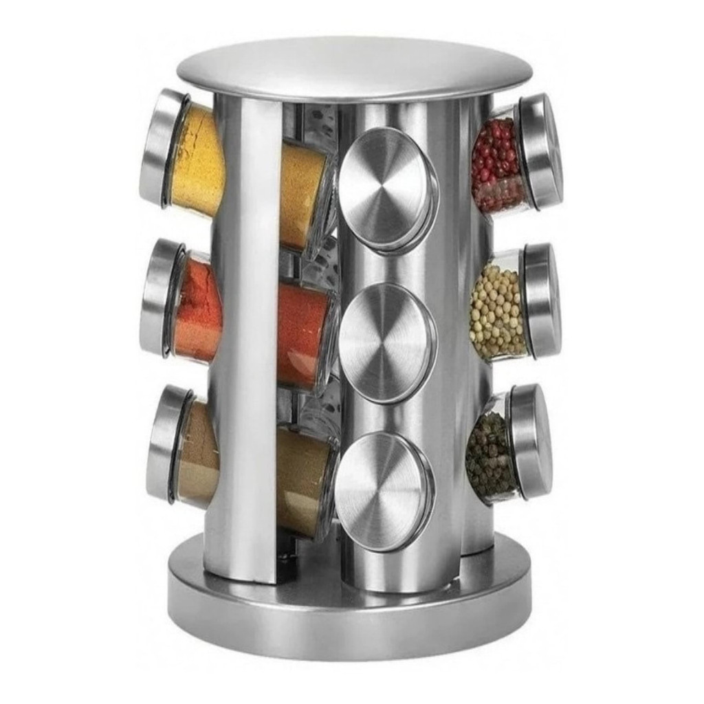 Porta Tempero Condimento Inox 12 Potes Redondo + Suporte Giratório