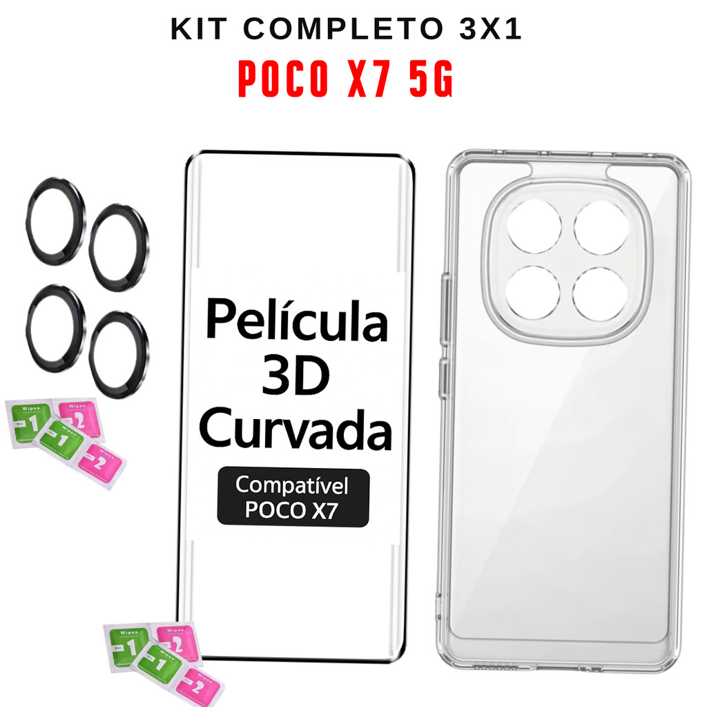 Kit Xiaomi Poco X7 5g Película Curvada Vidro 9d Temperado + Capa Anti Impacto Borda De Proteção + Película Lente Câmera em Oferta na Shopee