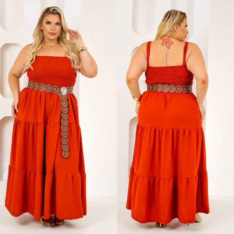 Vestido Plus Size Feminino Longo Busto de Lastex com Babados Cores Elegante