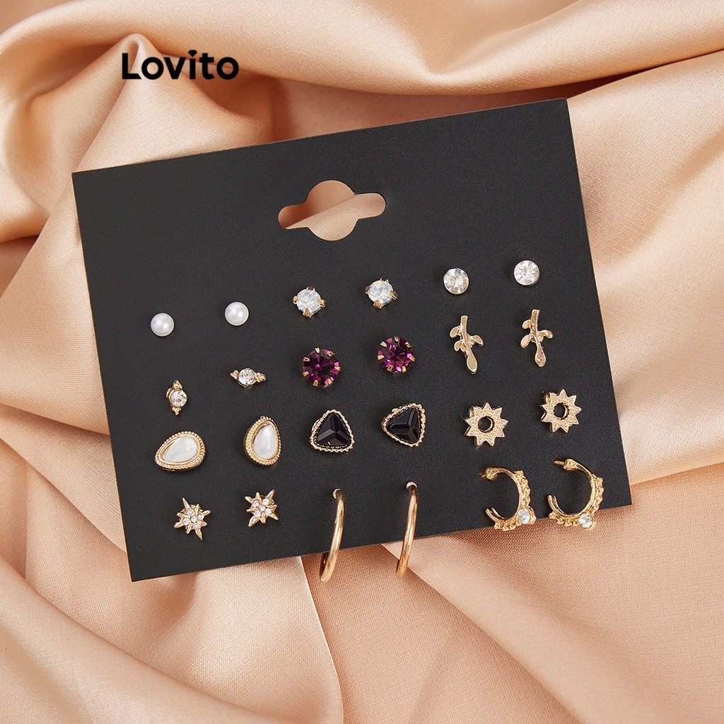 Lovito Brincos Casuais Geométricos Strass Pérolas Brincos De Gota De Água Para Mulheres L60AD025 (Ouro) em Oferta na Shopee