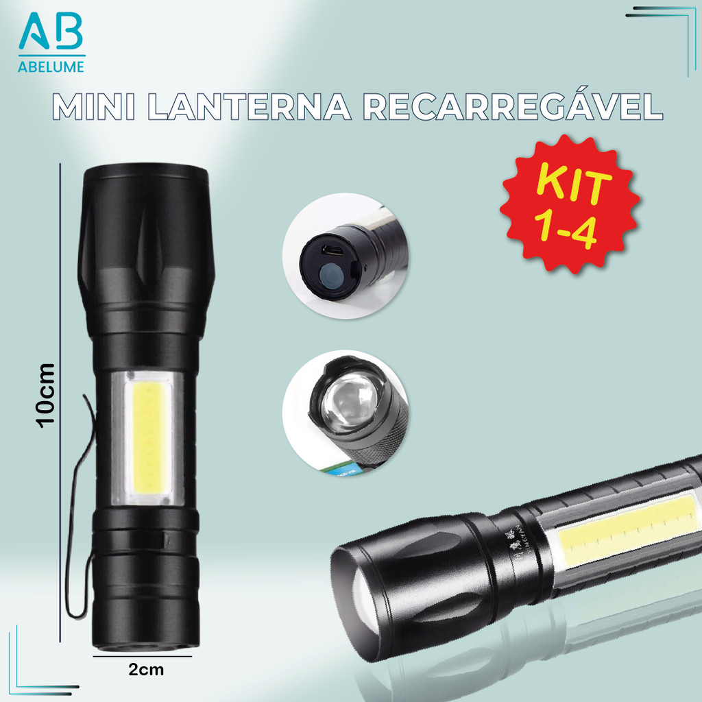 Kit 4 Mini Lanterna Led Tática USB Portátil com Zoom Recarregável Luz Forte Potência Alta - Sports & Outdoors