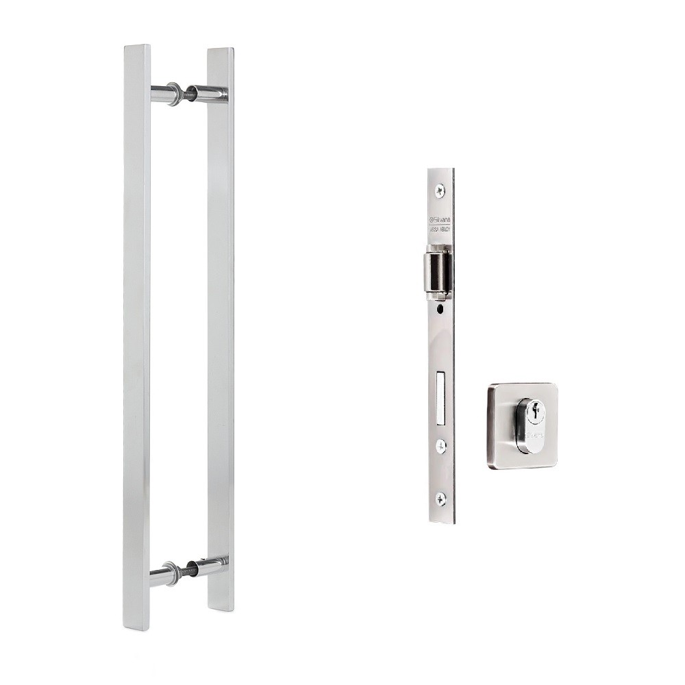 Kit para Porta Pivotante Puxador Reto 30 Cm e Fechadura Rolete