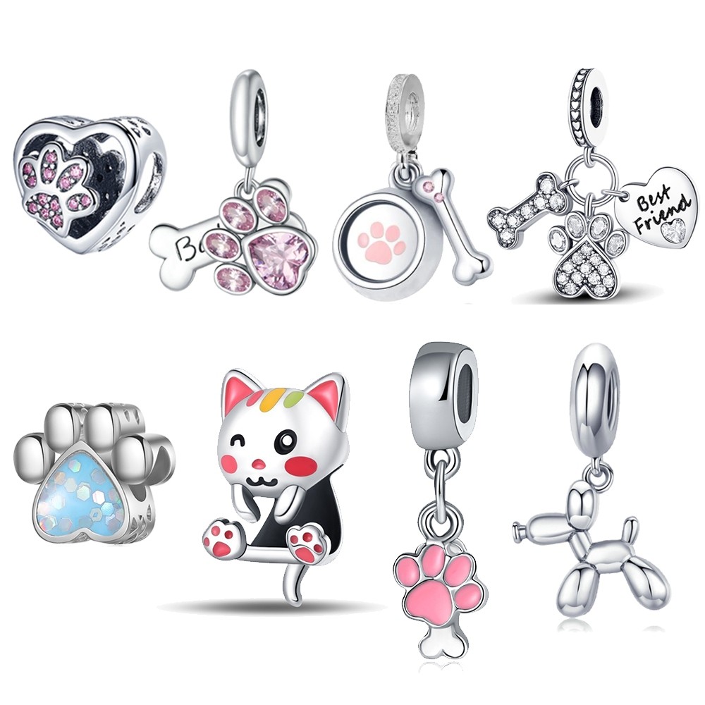 925 Prata Charms Collection Dog and Cat Paw Charms Bracelet Girls Jewellery Accessories