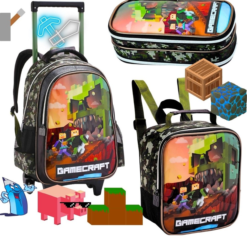 KIT MOCHILA RODINHAS COM LANCHEIRA E ESTOJO MINECRAFT GAMECRAFT TIPO GRANDE INFANTIL MENINO DENLEX