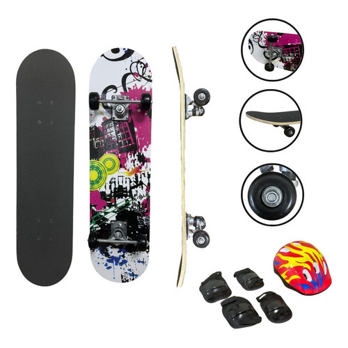 Skate Infantil Semi Profissional + Kit Equipamentos Segurança Shape Estampado Suporta até 50kg 31' Rodas 50mm BW014C