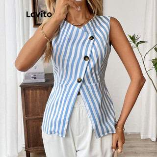 Lovito Blazer assimétrico listrado elegante com botões na frente para mulheres LBL19412 em Oferta na Shopee