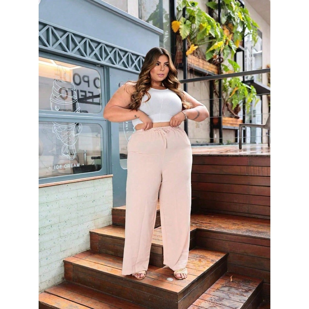 Calça Pantalona Plus Size Feminina Elástico Na Cintura Com Bolso Cintura Alta Tecido Duna Cintura Elastano