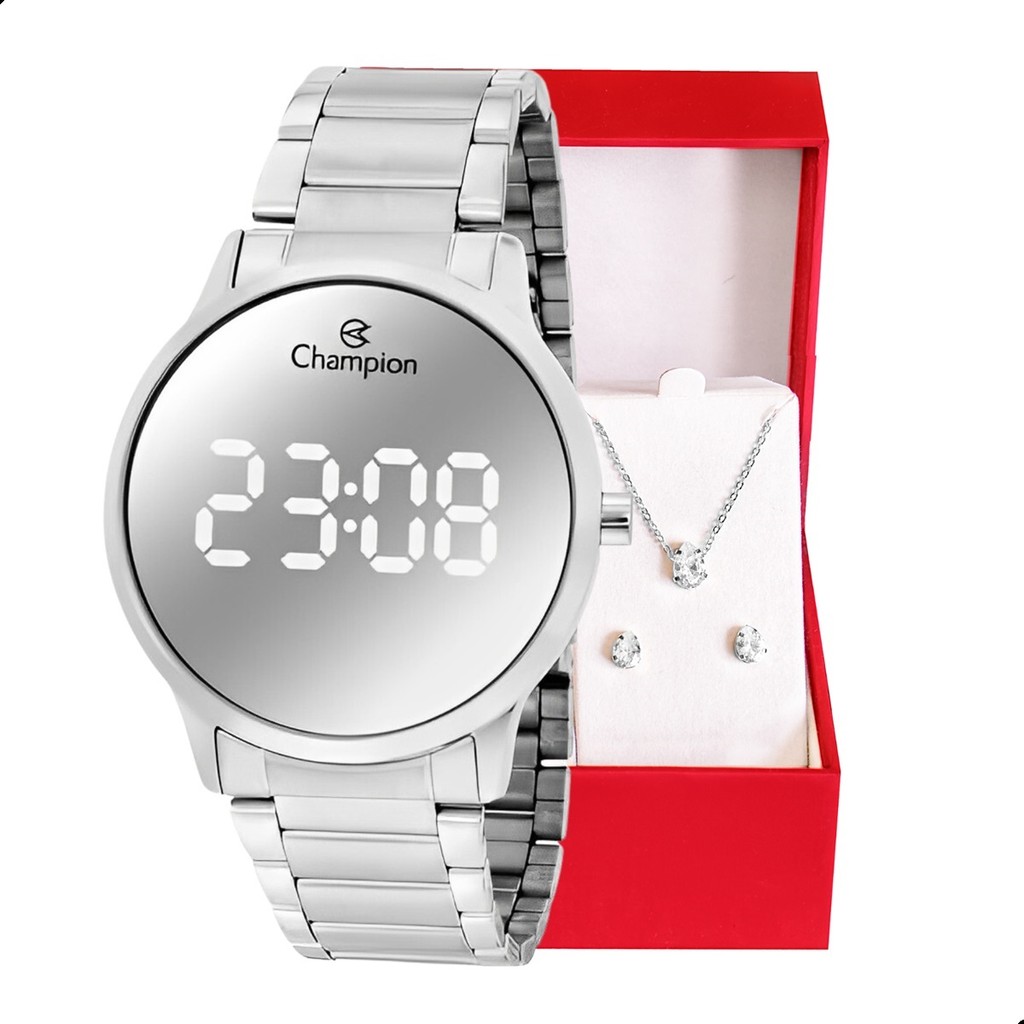 Relógio Feminino Champion Digital Espelhado Prata CH40142S + Conjunto Colar E Brinco Feminino