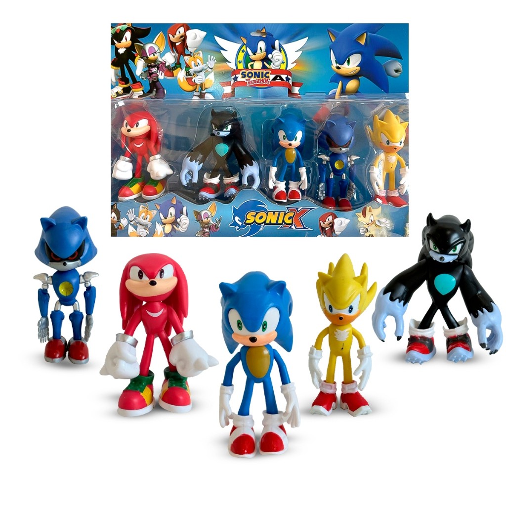 Boneco Sonic Kit 5 Personagens 15 cm Werehog Knuckles metal Sonic Super Sonic