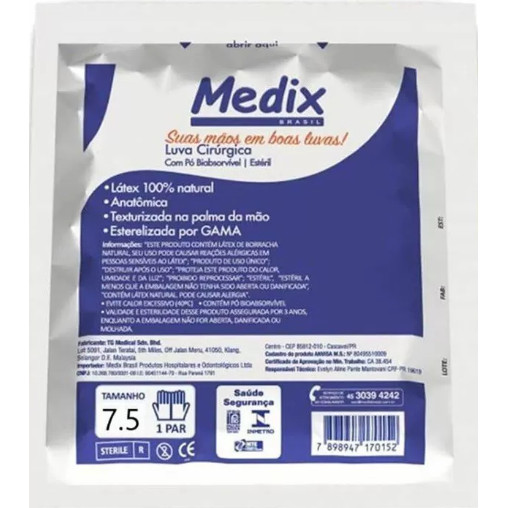 LUVA CIRURGICA LATEX C/PO  TAM 7.5 PAR 5929 -MEDIX