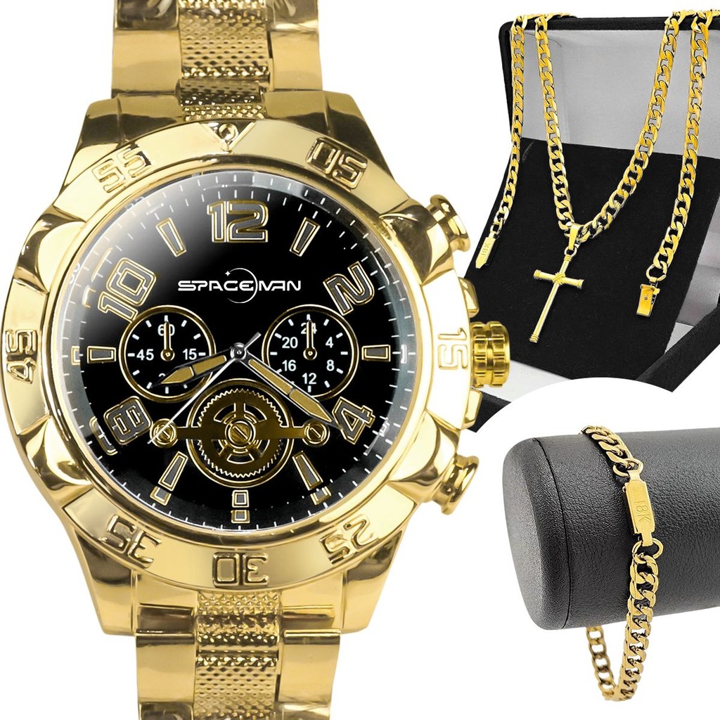 relogio masculino dourado prova dagua + crucifixo + pulseira pesado robusto qualidade premium grande