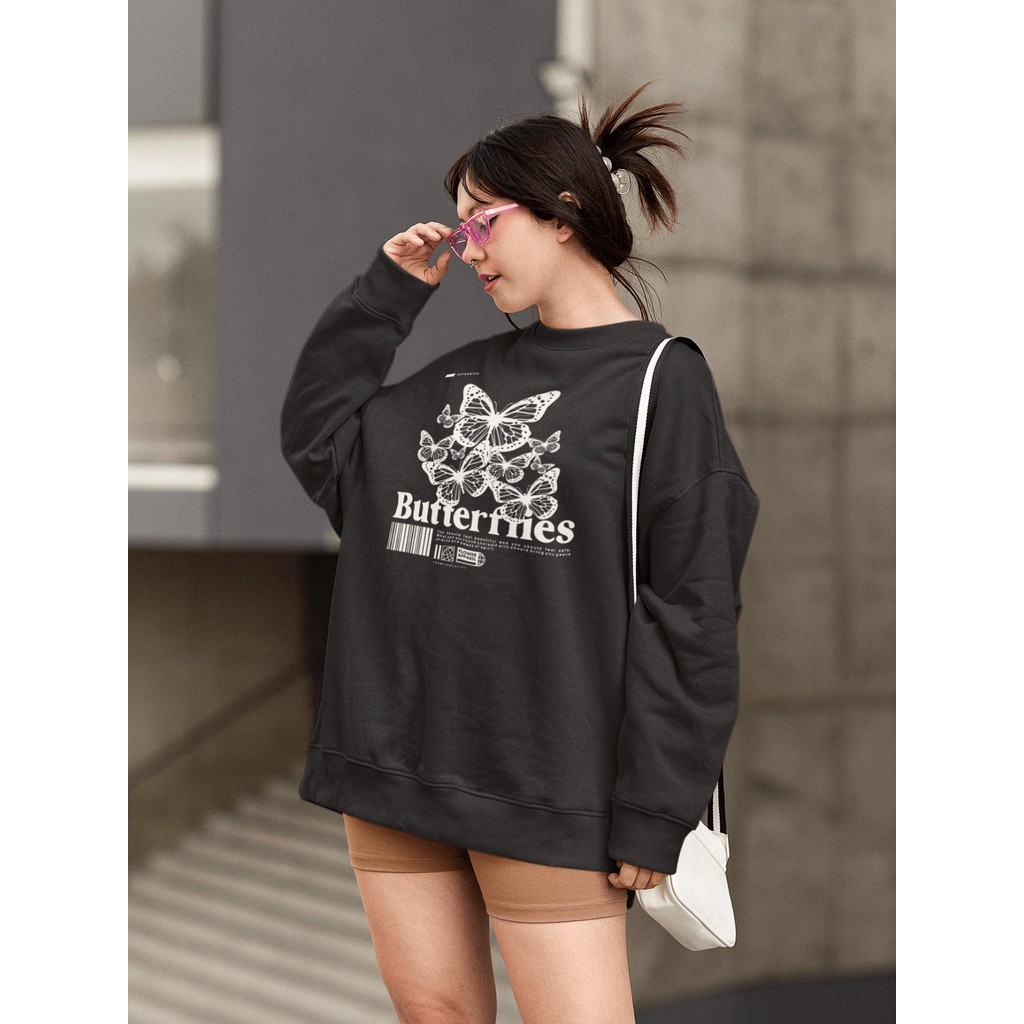 Moletom Blusa de Frio Básico Estiloso Feminino Estampado Gola Redonda Confortável 100% Algodão - Butterfly