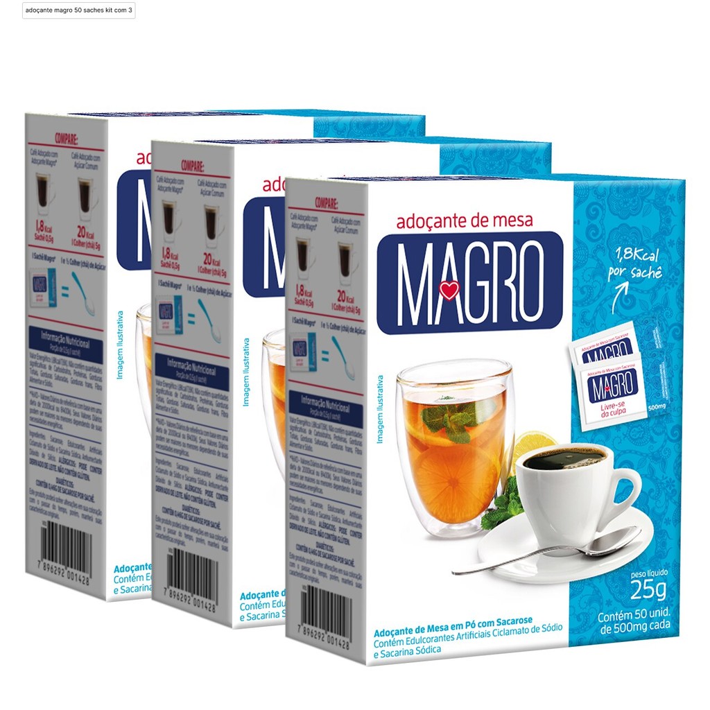 Kit com 3 Unid de Adoçante Magro sache Tradicional, Doces Baixa caloria, Versátil Cartucho 50 x 0,5G