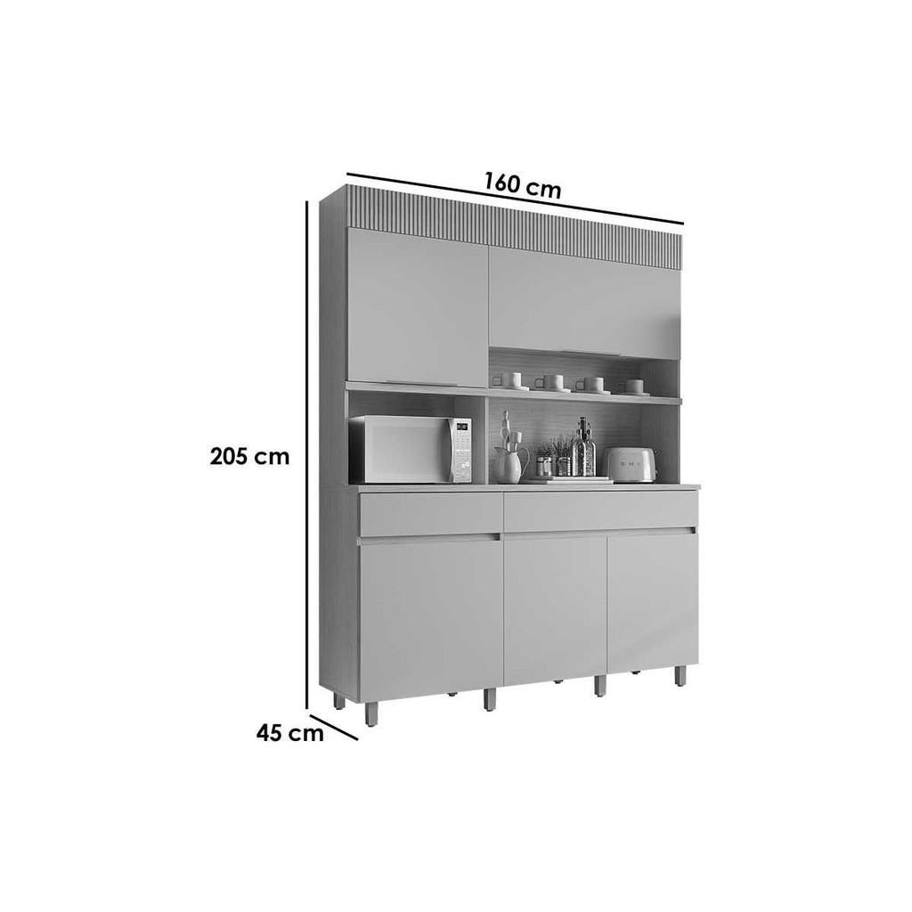 Detalhes do Kit de Cozinha Compacta Realeza c/ 5 Portas e 2 Gavetas 160cm Carvalho/Cinza - Nesher