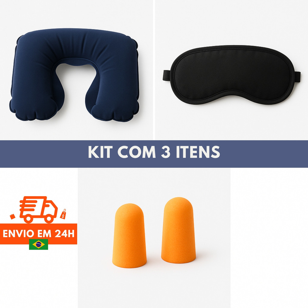 Kit Conforto Viagem com Almofada de Pescoço Máscara de Dormir e Protetores de Ouvido 3 em 1