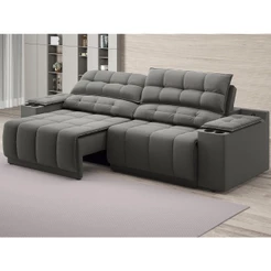Sofá com Porta Copos Carregador USB Ret Rec Samurai 2,50m Velosuede Cinza - NETSOFAS