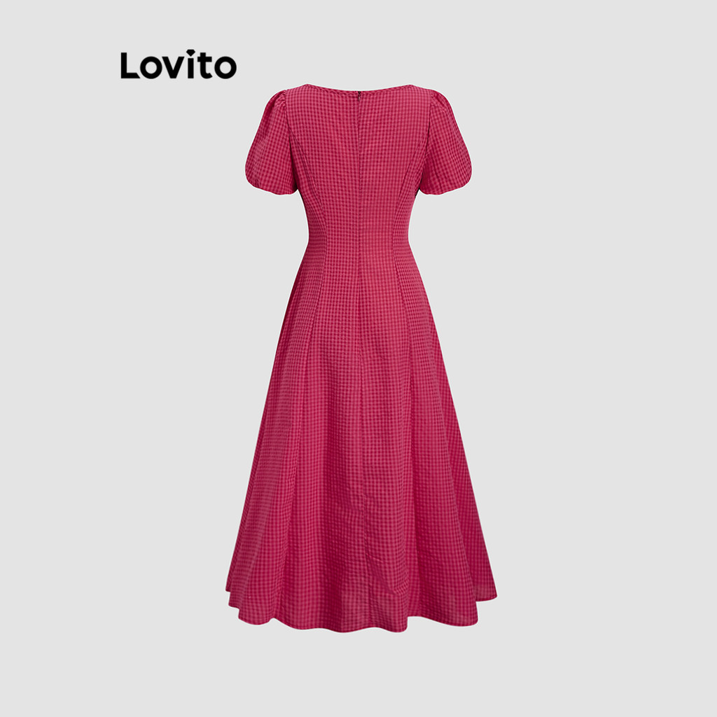 Detalhes do Lovito Casual Xadrez Arco Frente Estrutura Linha Puff Mangas Vestido para Mulheres L120ED1104