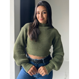 Blusa Cropped Manga Bufante Inverno Tricot Moda feminina Outono 2025 Blogueira em Oferta na Shopee