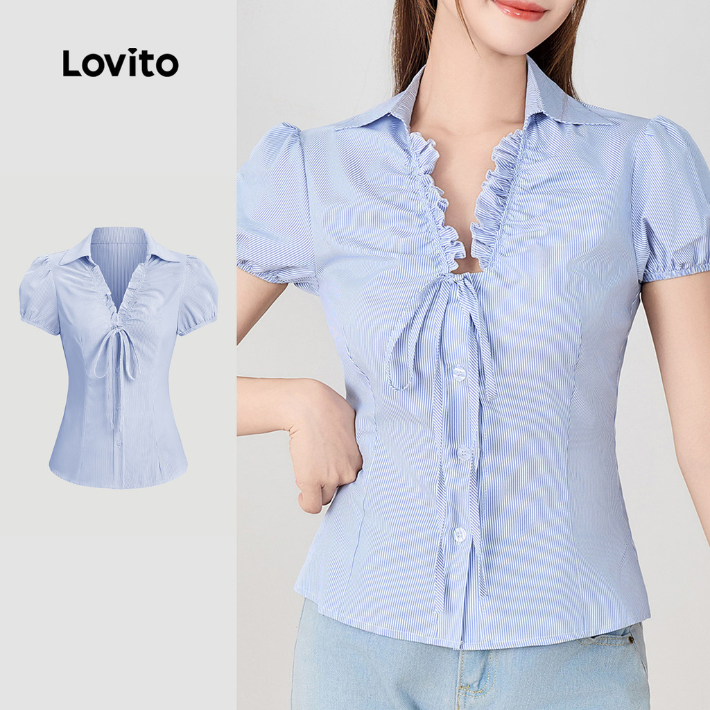 Lovito Blusa Casual listrada com babados e gravata frontal para mulheres L133AD486 - Women Clothes