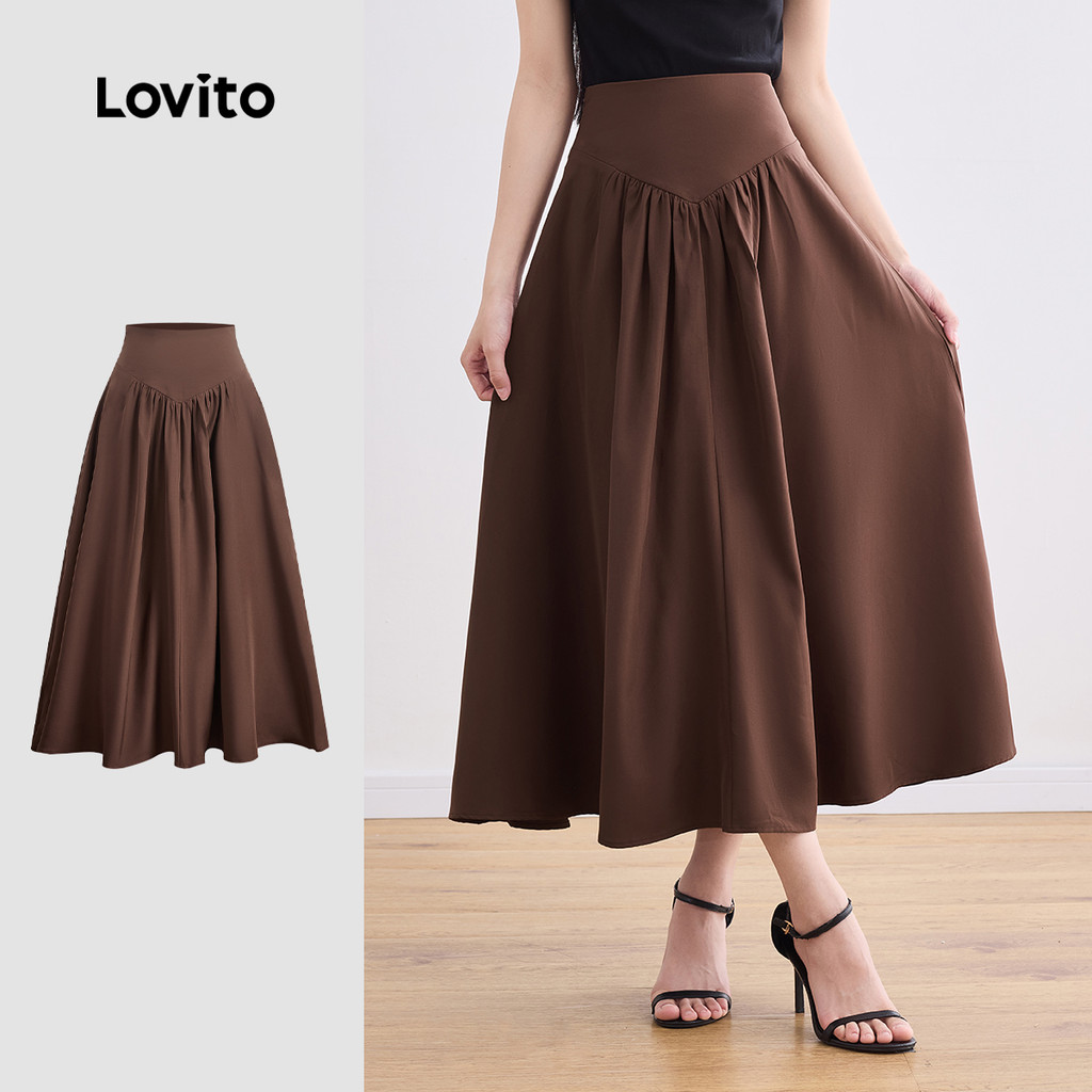 Lovito Saia Franzida Casual Lisa Com Espartilho Para Mulheres LBL24245 em Oferta na Shopee