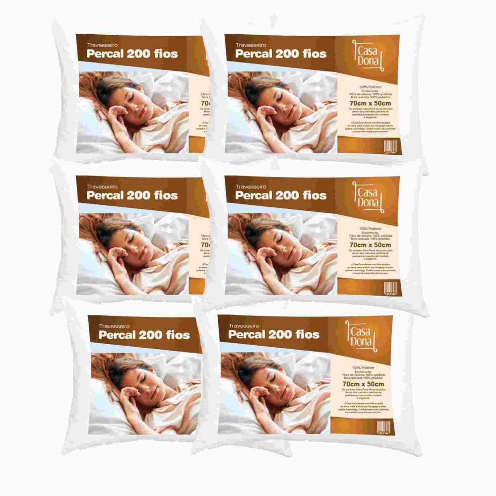 Kit 6 Travesseiro Percal 50x70cm Casa Dona 200 Fios Fibra Siliconada Branco