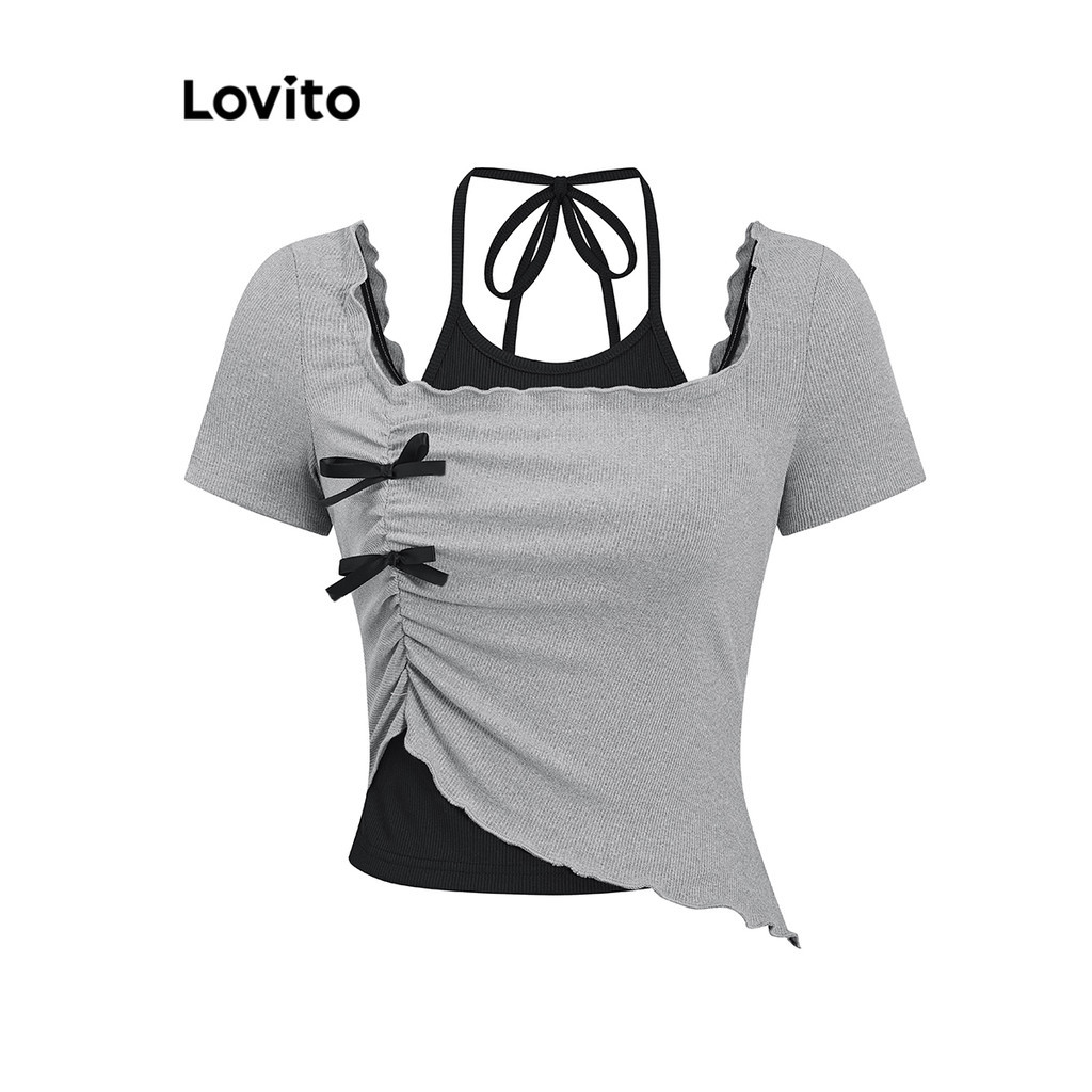 Lovito Camiseta Casual Lisa Falsa 2 Em 1 Com Frente E Laço Para Mulheres L101AD121 - Women Clothes