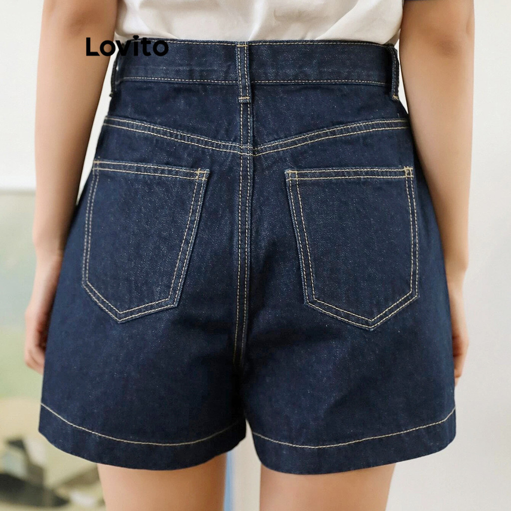 (Trendy) Lovito Shorts Jeans Casuais Lisos E Crus Com Pontas Para Mulheres L95ED915 - Women Clothes