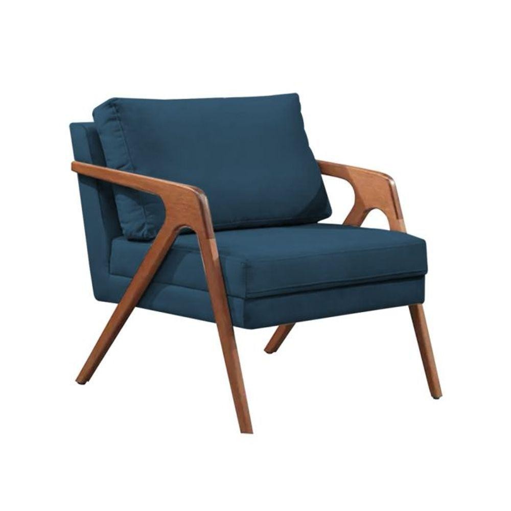 Poltrona Mona Luxo Madeira Maciça Tecido Veludo Azul - Home & Living