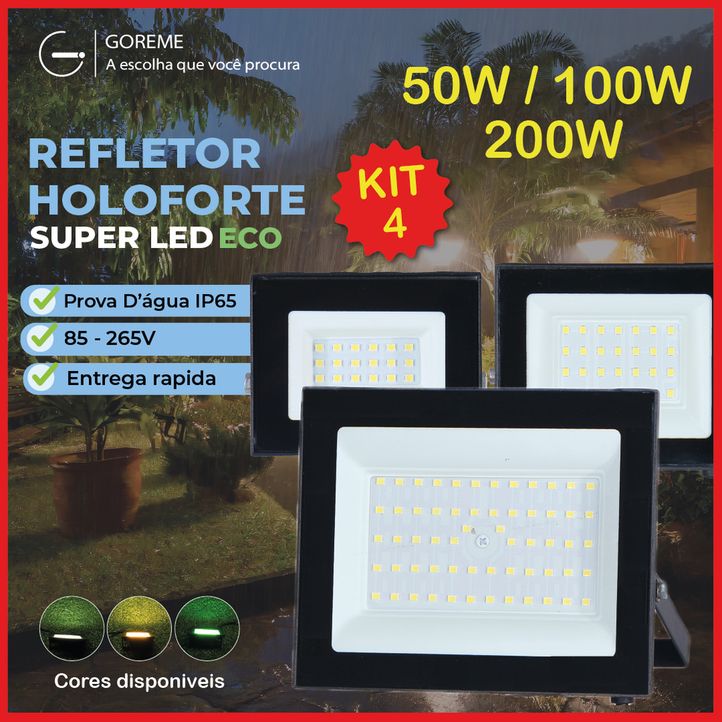Holofote Refletor Led ECO Pro 200W 100W 50W Branco Frio 6500K Branco Quente Verde | IP65 Bivolt em Oferta na Shopee