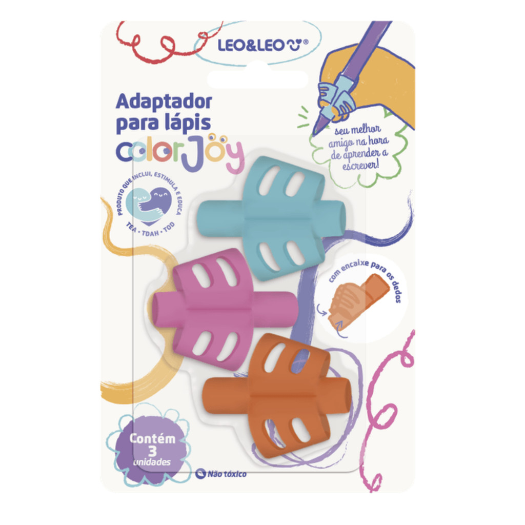 Kit Adaptador de Lápis Leo&Leo Color Joy – 3 Unidades em Silicone Ergonômico
