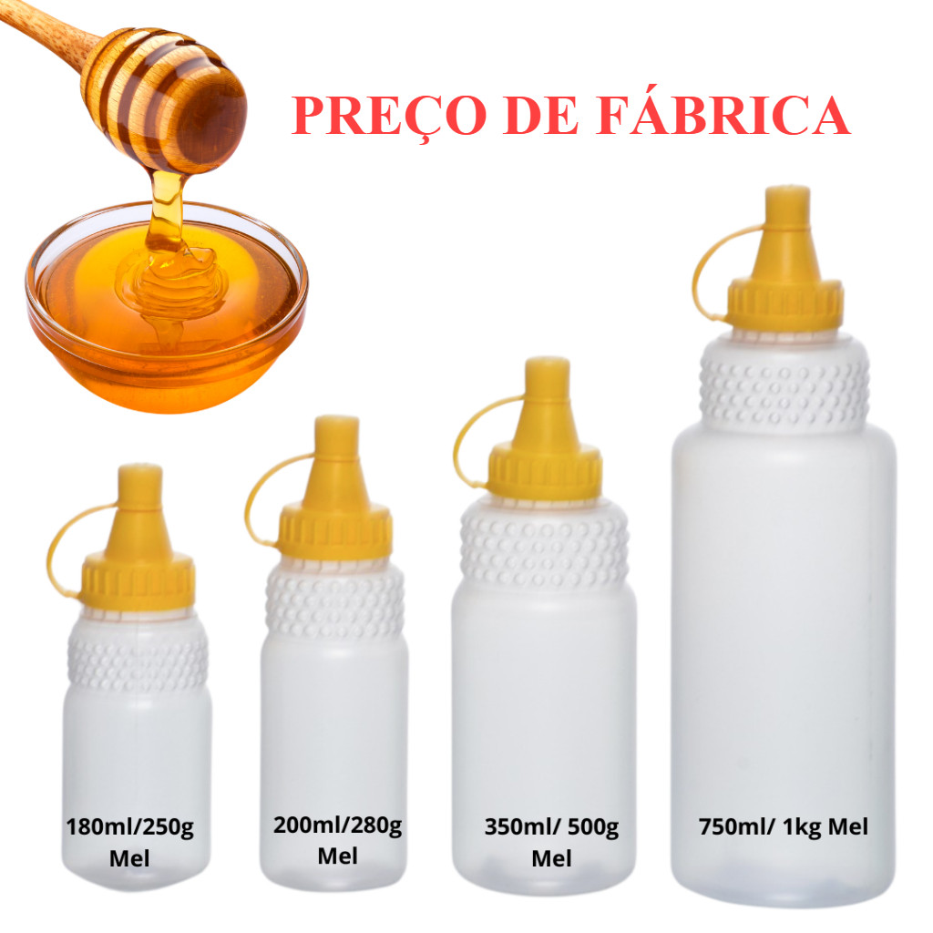 10Un. Frasco Bisnaga de Mel Com Tampa Polipropileno Transparente 750/350/200/180 - 1kg/500gr/280gr/250gr Frascos
