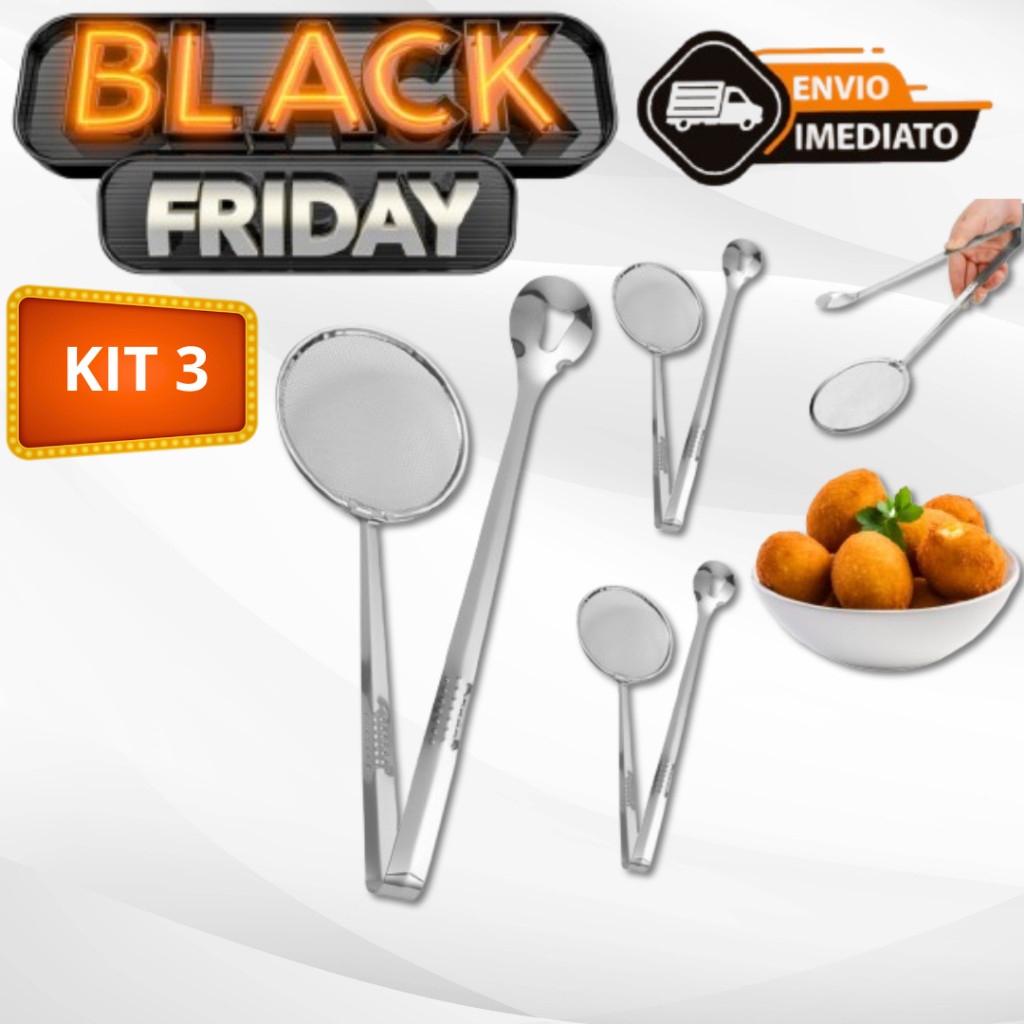 Kit 03 Escumadeira Para Frituras Pegador em Aço Inox Pinça e Peneira Para Salgadinhos Batata Frita