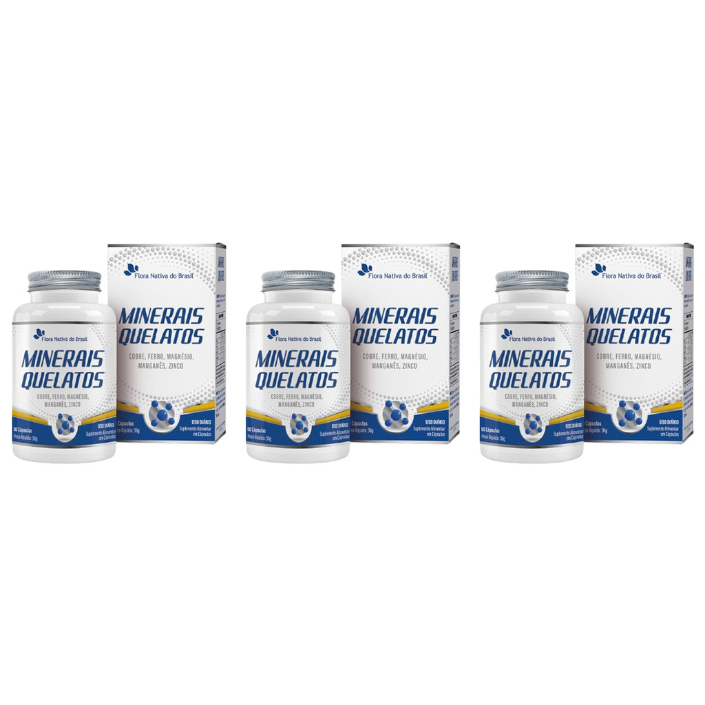 Kit 3x Minerais Quelatos Cobre Ferro Magnésio Manganês Zinco 60 Caps Flora Nativa